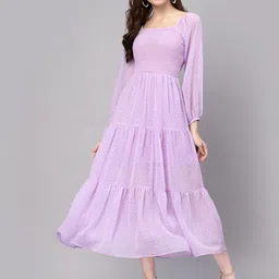 aayu Square Neck Smocked Georgette A-Line Midi Dress-image-9