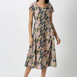 Saffron Threads Charcoal Floral Ethnic A-Line Midi Dress-image-98