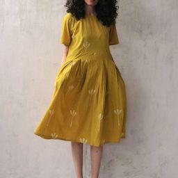 Chidiyaa Women Yellow Cotton Short Sleeves Floral Dress-image-22