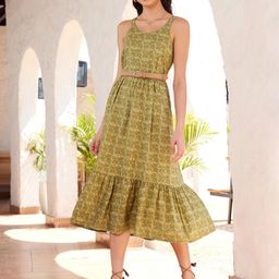 STREET 9 Olive Green & Beige Printed A-Line Midi Dress-picture-17