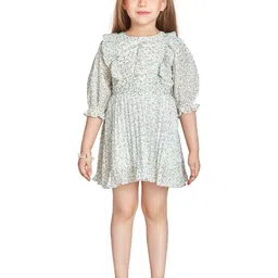 Peppermint Girls Floral Printed Puff Sleeves Accordion Pleated Gathered Fit & Flare Dress-picture-29
