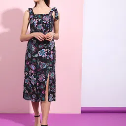 Tokyo Talkies Black Floral Printed Shoulder Straps Tie Ups A-Line A-Line Midi Dress-image-43