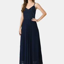 V&M Navy Blue Embellished Georgette Maxi Dress-picture-3