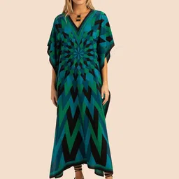 Navvi Satin V-Neck Geometric Printed Kaftan Maxi Dress-15