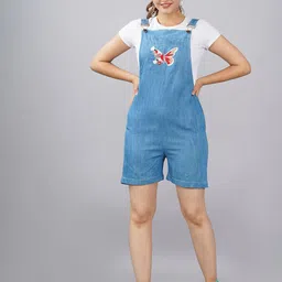 SUMAVI-FASHION Women Blue Butterfly Linen Denim Pinafore Dress-image-23