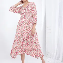 Bani Women Floral Printed V-Neck Smocked A-Line Midi Dress-image-79