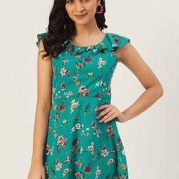 DODO & MOA Women Teal & Maroon Floral Printed A-Line Dress-picture-2