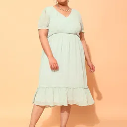 CURVY STREET Plus Size Sea Green & Black Polka Dot Printed Puff Sleeve A-Line Dress-image-28