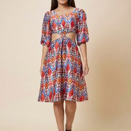 Globus Red & White Ethnic Motif Printed Puff Sleeve Cut Out A-Line Dress-image-32