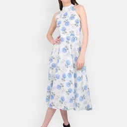 MARC LOUIS White & Blue Floral Fit & Flare Midi Dress-image-37