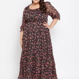 Antheaa Curve Floral Print Bell Sleeve Layered Chiffon Maxi Dress-image-70