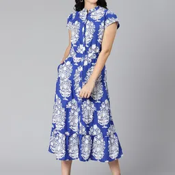 Oxolloxo Blue Ethnic Motifs Crepe Midi Dress-image-31