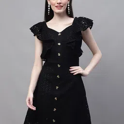 MARC LOUIS Flutter Sleeve Ruffled Fit & Flare Schiffli Dress-image-81