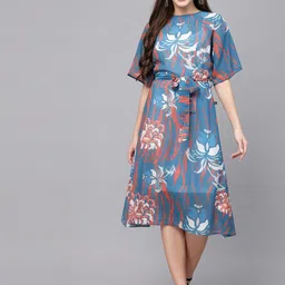 VALBONE Floral Printed Flared Sleeves With Belted A line Midi Dress-picture-14