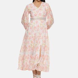 ISU Floral Printed Cuffed Sleeves Cut Out Fit & Flare Midi Dress-image-78