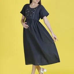 NIGHTSPREE Embroidered Maternity Feeding A-Line Midi Dress-picture-16