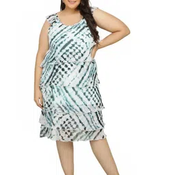 TSM White Plus Size Printed Tie and Dye Layered Georgette A-Line Dress-9