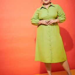 SASSAFRAS Curve Plus Size Green Shirt Collar Shirt Dress With Belt-image-19