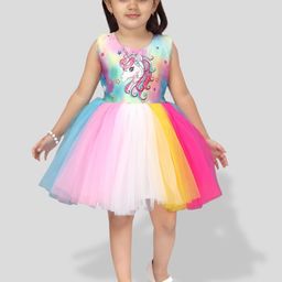 BAESD Girls Unicorn Printed Net Fit & Flare Dress-1
