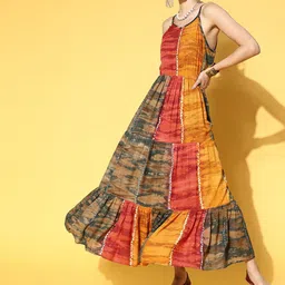 Yufta Women Mustard Yellow & Green Printed Shoulder Straps Maxi Dress-picture-31