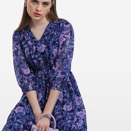 KETCH Floral Printed Puff Sleeves Ruffles Fit & Flare Dress-image-98