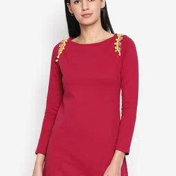 aaliya Maroon Boat Neck Pom-pom Detail Sheath Mini Dress-image-16