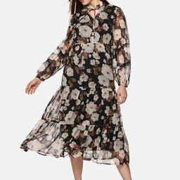ISU Floral Printed Tie-Up Neck Puff Sleeves Chiffon Fit and Flare Midi Dress-17