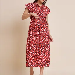 HERE&NOW Red & White Abstract Printed Flared Sleeves A-Line Midi Dress-picture-1