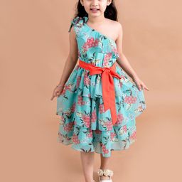 pspeaches Girls Green & Pink Floral One Shoulder Layered Georgette Midi Dress-image-71