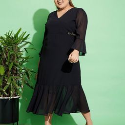 SASSAFRAS Curve Plus Size Bell Sleeves Chain Detail Wrap Dress-image-5