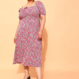 CURVY STREET Plus Size Fuchsia & White Floral printed Square Neck A-Line Dress-4