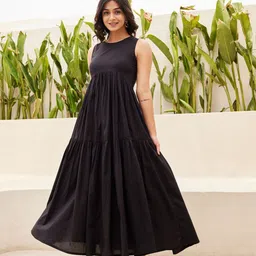 Ambraee Empire Round neck Sleeveless Cotton Maxi Dress-image-70