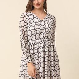 plusS White & Black Monochrome Geometric Printed Puff Sleeves Gathered A-Line Dress-image-35