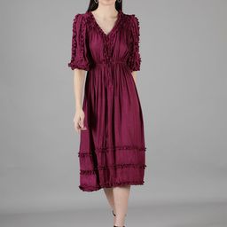 Amagyaa Women Burgundy Self Design Crepe Midi Fit & Flare Dress-image-21