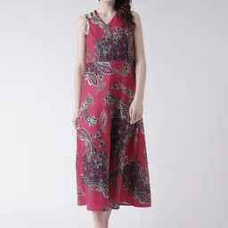 DODO & MOA Pink & Beige Ethnic Motifs Crepe Midi Dress-image-70