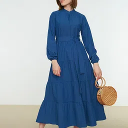 Trendyol Women Teal Solid Tiered Cotton Maxi Dress-picture-38