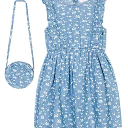 Budding Bees Blue Floral Denim Dress with Matching Hand Bag-Blue-image-74