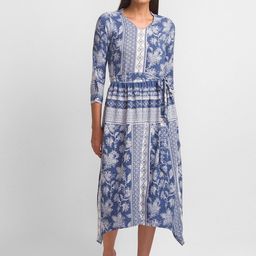 Globus Blue & White Ethnic Motifs Crepe Midi Dress-image-45