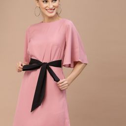 KASSUALLY Women Pink And Black Solid Waist Band Flared Sleeves A-Line Dress-5