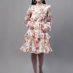 MARC LOUIS Floral Print V-Neck Bell Sleeve Ruffled Georgette Tired Fit & Flare Dress-image-17