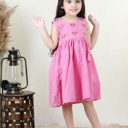Sangria Girls Pink Floral Embroidered Cotton Sleeveless A-Line Ethnic Dress-image-16