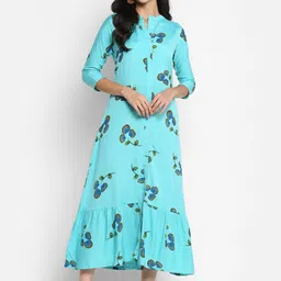 VAABA Women Turquoise Blue Floral A-Line Midi Dress-picture-25