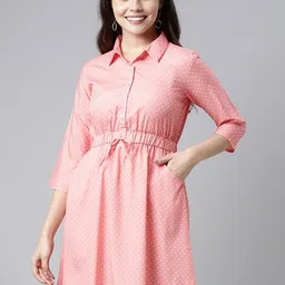 KALINI Polka Dot Printed Shirt Collar Fit & Flare Dress-image-10