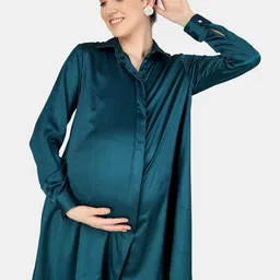 angloindu Green Satin Maternity Shirt Dress-42