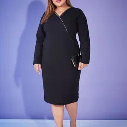SASSAFRAS Curve Plus Size Black Sheath Midi Dress-77