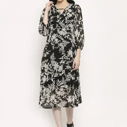 plusS Black & White Printed Monochrome Floral A-Line Midi Dress-image-113