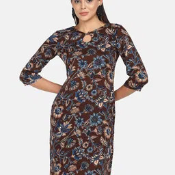 PowerSutra Brown & Blue Floral Cotton Sheath Dress-picture-20