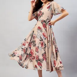 RARE Nude-Coloured Floral Printed Georgette Maxi Dress-image-41