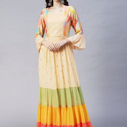 FASHOR Cream-Coloured Colourblocked Georgette Ethnic Maxi Dress-image-2