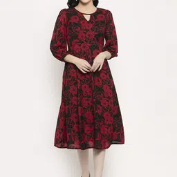 plusS Women's Black & Red Printed Floral Midi Dress-image-8
